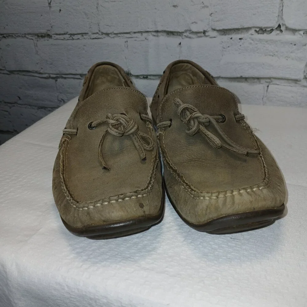 MENS CLARK ACTIVE AIR LEATHER BOAT SHOES, GRAY, SIZE 9.5, GOOD CONDITION